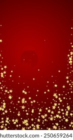 Superposición de Vector de estrellas mágicas.  Estrellas de oro esparcidas al azar, cayendo, flotando.  Caótica Plantilla infantil de ensueño. Cuento de hadas de Vector sobre fondo rojo.