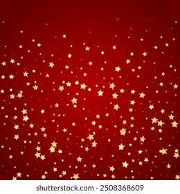 Magic stars vector overlay.  Gold stars scattered around randomly, falling down, floating.  Chaotic dreamy childish overlay template. Miraculous starry night vector  on red background.