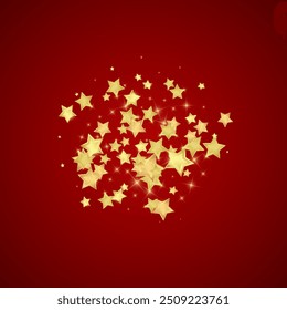 Magic stars vector overlay.  Gold stars scattered around randomly, falling down, floating.  Chaotic dreamy childish overlay template. Vector fairytale  on red background.