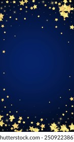 Superposición de Vector de estrellas mágicas.  Estrellas de oro esparcidas al azar, cayendo, flotando.  Caótica Plantilla infantil de ensueño. Milagroso Vector de noche estrellado sobre fondo azul oscuro.