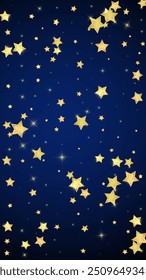 Magic stars vector overlay.  Gold stars scattered around randomly, falling down, floating.  Chaotic dreamy childish overlay template. on dark blue background.