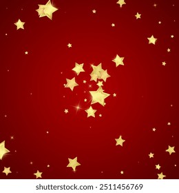 Magic stars vector overlay.  Gold stars scattered around randomly, falling down, floating.  Chaotic dreamy childish overlay template. Vector fairytale  on red background.