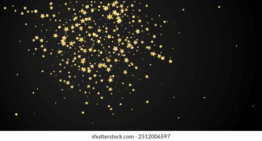 Sobreposição vetorial de estrelas mágicas.  Estrelas de ouro espalhadas aleatoriamente, caindo, flutuando.  Modelo caótico de sobreposição infantil sonhador. Mágico desenho animado céu noturno sobre fundo preto.