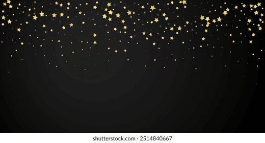 Magic stars vector overlay.  Gold stars scattered around randomly, falling down, floating.  Chaotic dreamy childish overlay template. Magical cartoon night sky on black background.