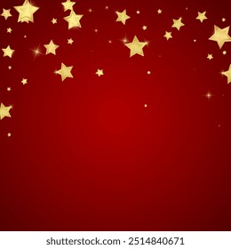 Magic stars vector overlay.  Gold stars scattered around randomly, falling down, floating.  Chaotic dreamy childish overlay template. Enchanting vector with magic stars on red background.