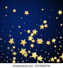 Magic stars vector overlay.  Gold stars scattered around randomly, falling down, floating.  Chaotic dreamy childish overlay template. Enchanting vector with magic stars on dark blue background.