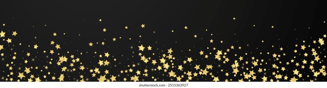 Sobreposição vetorial de estrelas mágicas.  Estrelas de ouro espalhadas aleatoriamente, caindo, flutuando.  Modelo caótico de sobreposição infantil sonhador. Vetor encantador com estrelas mágicas no fundo preto.