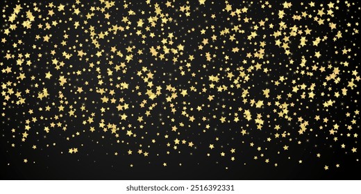 Superposición de Vector de estrellas mágicas.  Estrellas de oro esparcidas al azar, cayendo, flotando.  Caótica Plantilla infantil de ensueño. Milagroso Vector de noche estrellado sobre fondo negro.