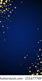 Sobreposição vetorial de estrelas mágicas.  Estrelas de ouro espalhadas aleatoriamente, caindo, flutuando.  Modelo caótico de sobreposição infantil sonhador. Vetor encantador com estrelas mágicas no fundo azul escuro.