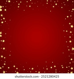 Magic stars vector overlay.  Gold stars scattered around randomly, falling down, floating.  Chaotic dreamy childish overlay template. Magical cartoon night sky on red background.
