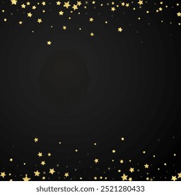 Magic stars vector overlay.  Gold stars scattered around randomly, falling down, floating.  Chaotic dreamy childish overlay template. Enchanting vector with magic stars on black background.