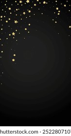 Magic stars vector overlay.  Gold stars scattered around randomly, falling down, floating.  Chaotic dreamy childish overlay template. Enchanting vector with magic stars on black background.