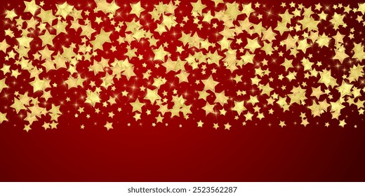 Sobreposição vetorial de estrelas mágicas.  Estrelas de ouro espalhadas aleatoriamente, caindo, flutuando.  Modelo caótico de sobreposição infantil sonhador. Milagroso vetor noturno estrelado em fundo vermelho.