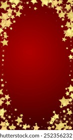 Magic stars vector overlay.  Gold stars scattered around randomly, falling down, floating.  Chaotic dreamy childish overlay template. Enchanting vector with magic stars on red background.