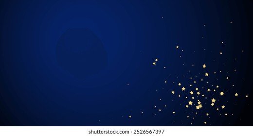 Superposición de Vector de estrellas mágicas.  Estrellas de oro esparcidas al azar, cayendo, flotando.  Caótica Plantilla infantil de ensueño. Cielo nocturno de dibujos animados mágicos sobre fondo azul oscuro.