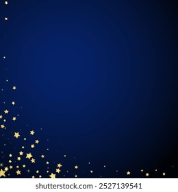 Superposición de Vector de estrellas mágicas.  Estrellas de oro esparcidas al azar, cayendo, flotando.  Caótica Plantilla infantil de ensueño. Milagroso Vector de noche estrellado sobre fondo azul oscuro.