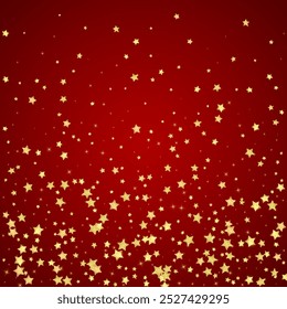Magic stars vector overlay.  Gold stars scattered around randomly, falling down, floating.  Chaotic dreamy childish overlay template. Miraculous starry night vector  on red background.