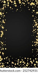 Magic stars vector overlay.  Gold stars scattered around randomly, falling down, floating.  Chaotic dreamy childish overlay template. Vector fairytale  on black background.