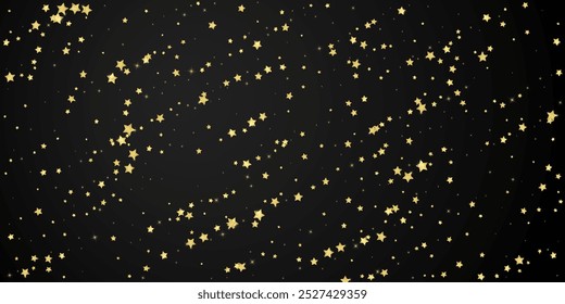 Magic stars vector overlay.  Gold stars scattered around randomly, falling down, floating.  Chaotic dreamy childish overlay template. Magical cartoon night sky on black background.