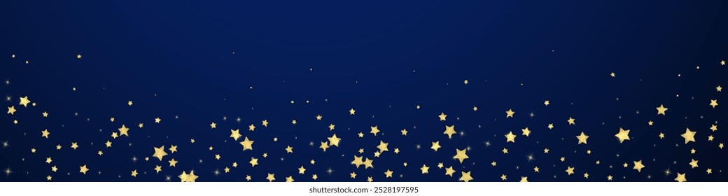 Magic stars vector overlay.  Gold stars scattered around randomly, falling down, floating.  Chaotic dreamy childish overlay template. Magical cartoon night sky on dark blue background.