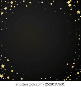 Magic stars vector overlay.  Gold stars scattered around randomly, falling down, floating.  Chaotic dreamy childish overlay template. Magical cartoon night sky on black background.