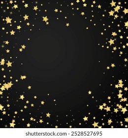 Sobreposição vetorial de estrelas mágicas.  Estrelas de ouro espalhadas aleatoriamente, caindo, flutuando.  Modelo caótico de sobreposição infantil sonhador. Conto de fadas vetorial sobre fundo preto.