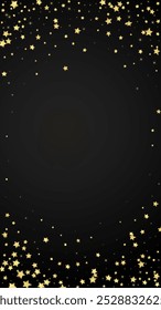 Magic stars vector overlay.  Gold stars scattered around randomly, falling down, floating.  Chaotic dreamy childish overlay template. Magical cartoon night sky on black background.