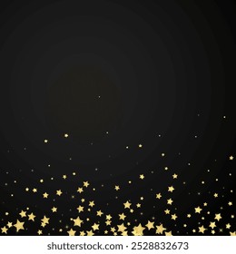 Magic stars vector overlay.  Gold stars scattered around randomly, falling down, floating.  Chaotic dreamy childish overlay template. Vector fairytale  on black background.