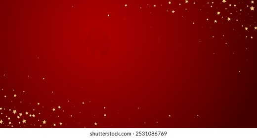 Superposición de Vector de estrellas mágicas.  Estrellas de oro esparcidas al azar, cayendo, flotando.  Plantilla infantil de superposición de ensueño caótico. sobre fondo rojo.