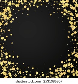 Magic stars vector overlay.  Gold stars scattered around randomly, falling down, floating.  Chaotic dreamy childish overlay template. Enchanting vector with magic stars on black background.