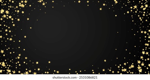 Superposición de Vector de estrellas mágicas.  Estrellas de oro esparcidas al azar, cayendo, flotando.  Caótica Plantilla infantil de ensueño. Cielo nocturno de dibujos animados mágicos sobre fondo negro.