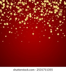 Magic stars vector overlay.  Gold stars scattered around randomly, falling down, floating.  Chaotic dreamy childish overlay template. on red background.