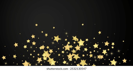 Sobreposição vetorial de estrelas mágicas.  Estrelas de ouro espalhadas aleatoriamente, caindo, flutuando.  Modelo caótico de sobreposição infantil sonhador. Sobreposição de magia vetorial no plano de fundo preto.