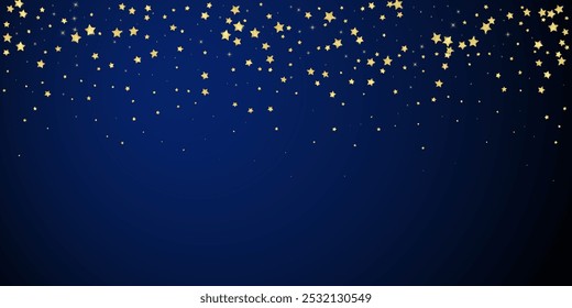 Magic stars vector overlay.  Gold stars scattered around randomly, falling down, floating.  Chaotic dreamy childish overlay template. Enchanting vector with magic stars on dark blue background.