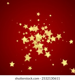 Magic stars vector overlay.  Gold stars scattered around randomly, falling down, floating.  Chaotic dreamy childish overlay template. Miraculous starry night vector  on red background.
