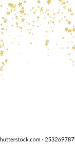 Sobreposição vetorial de estrelas mágicas.  Estrelas de ouro espalhadas aleatoriamente, caindo, flutuando.  Modelo caótico de sobreposição infantil sonhador. Mágico desenho animado céu noturno sobre fundo branco.