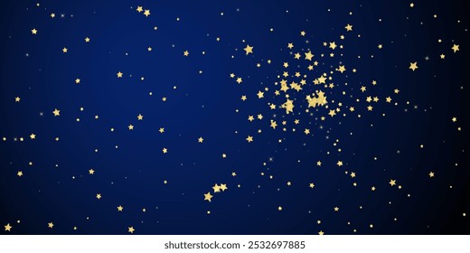 Magic stars vector overlay.  Gold stars scattered around randomly, falling down, floating.  Chaotic dreamy childish overlay template. on dark blue background.