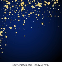 Magic stars vector overlay.  Gold stars scattered around randomly, falling down, floating.  Chaotic dreamy childish overlay template. Magical cartoon night sky on dark blue background.
