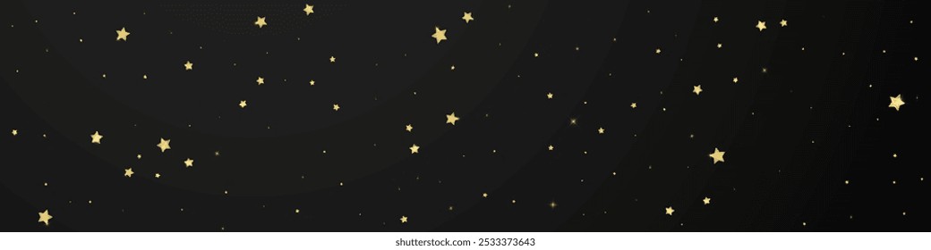Magic stars vector overlay.  Gold stars scattered around randomly, falling down, floating.  Chaotic dreamy childish overlay template. Enchanting vector with magic stars on black background.