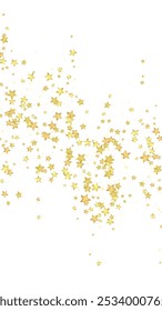 Magic stars vector overlay.  Gold stars scattered around randomly, falling down, floating.  Chaotic dreamy childish overlay template. Enchanting vector with magic stars on white background.