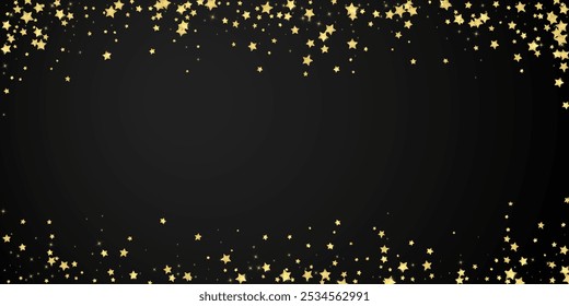 Magic stars vector overlay.  Gold stars scattered around randomly, falling down, floating.  Chaotic dreamy childish overlay template. Enchanting vector with magic stars on black background.