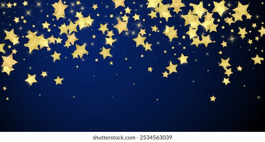 Sobreposição vetorial de estrelas mágicas.  Estrelas de ouro espalhadas aleatoriamente, caindo, flutuando.  Modelo de sobreposição infantil de sonho caótico. sobre fundo azul escuro.