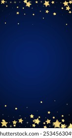 Magic stars vector overlay.  Gold stars scattered around randomly, falling down, floating.  Chaotic dreamy childish overlay template. Miraculous starry night vector  on dark blue background.