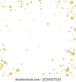 Magische sterren vectorbedekking.  Gouden sterren verspreidden zich willekeurig, vielen naar beneden, zweven.  Chaotische dromerige kinderlijke overlay sjabloon. Wonderbaarlijke sterrennacht vector op witte achtergrond.