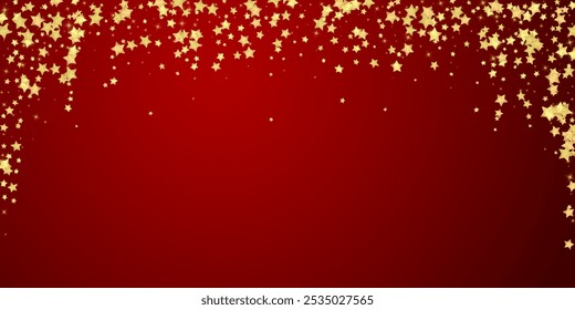 Magic stars vector overlay.  Gold stars scattered around randomly, falling down, floating.  Chaotic dreamy childish overlay template. Vector fairytale  on red background.