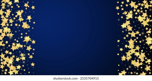 Magic stars vector overlay.  Gold stars scattered around randomly, falling down, floating.  Chaotic dreamy childish overlay template. Vector fairytale  on dark blue background.