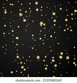 Magic stars vector overlay.  Gold stars scattered around randomly, falling down, floating.  Chaotic dreamy childish overlay template. Vector fairytale  on black background.