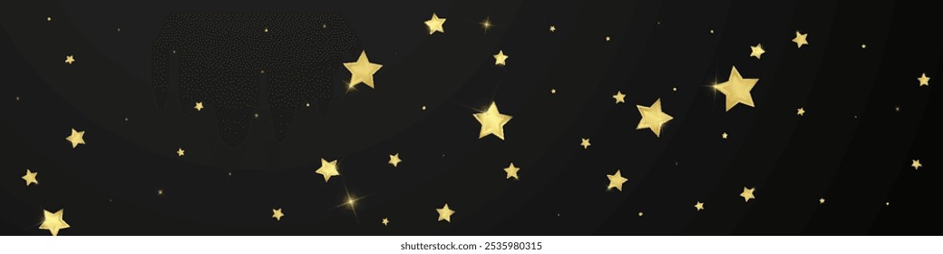 Magic stars vector overlay.  Gold stars scattered around randomly, falling down, floating.  Chaotic dreamy childish overlay template. on black background.
