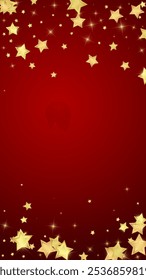Superposición de Vector de estrellas mágicas.  Estrellas de oro esparcidas al azar, cayendo, flotando.  Caótica Plantilla infantil de ensueño. Milagroso Vector de noche estrellado sobre fondo rojo.