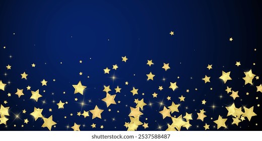 Magic stars vector overlay.  Gold stars scattered around randomly, falling down, floating.  Chaotic dreamy childish overlay template. Magical cartoon night sky on dark blue background.
